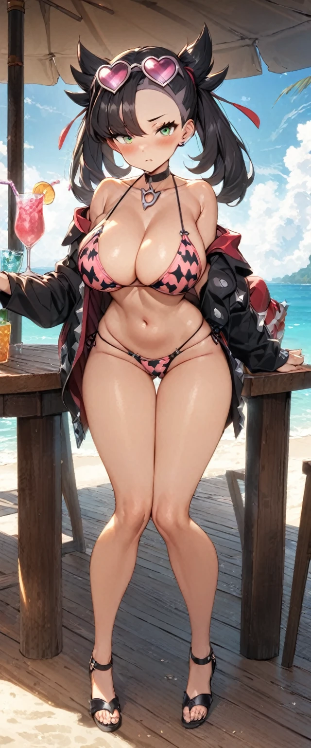 (masterpiece), best quality, expressive eyes, perfect face,1girl,big breasts,pink and black patterned string bikini,pink heart-shaped sunglases on head,strap gap,beach,beach bar,blush,full body,looking at viewer , red ribbon, asymmetrical bangs, twintails, green eyes, hair ribbon, black hair, marnie_\(pokemon\), heart pendant,thigh gap,sexy pose