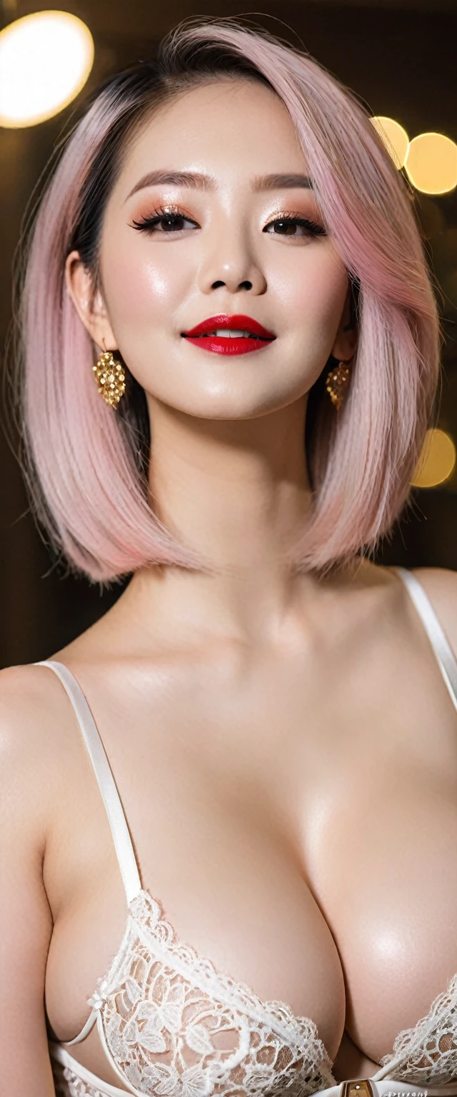 beautiful韓国人女性のクローズアップ, Gorgeous Girl, beautiful, Baby Face, 20-year-old, White skin, Red lipstick, Sensual lipstick, Huge breasts, Cinema Lighting, Futuristic, ((Cleavage)), White gold classy lace G-string, Rose Eye, muscle, Bokeh, masterpiece, Medium Bob, Rose Gold Hair, smile, Sensational Makeup