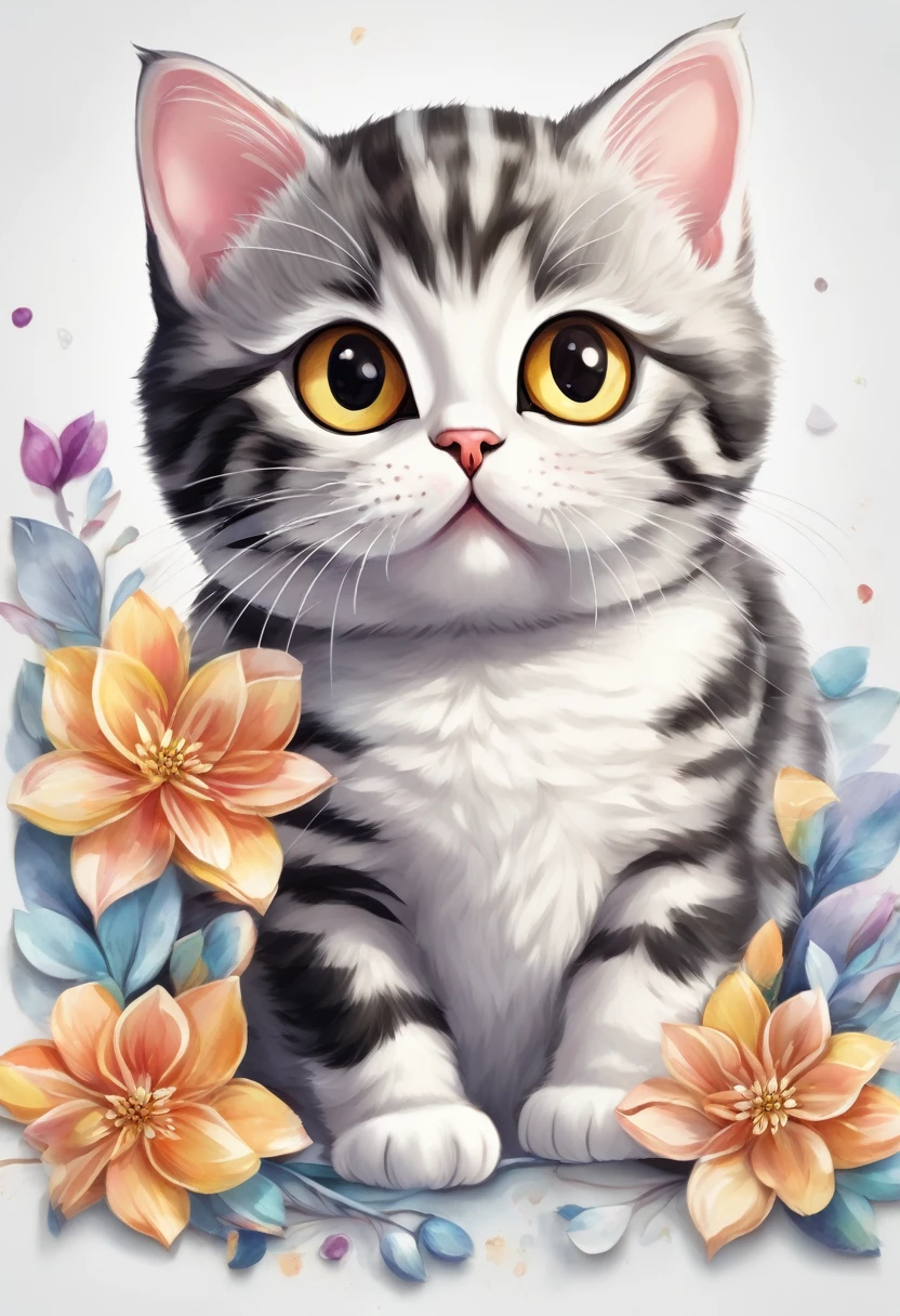 a cat of the American Shorthair breed, 3D watercolor style painting, American Shorthair cat, full picture, High contrast high resolution (photorrealistic:1.5), White background, sticker style, (raw photos, 8k hd,