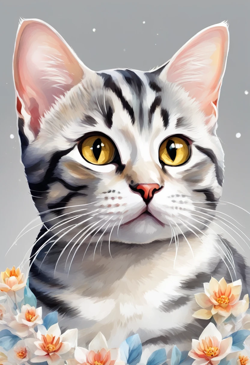 a cat of the American Shorthair breed, 3D watercolor style painting, American Shorthair cat, full picture, High contrast high resolution (photorrealistic:1.5), White background, sticker style, (raw photos, 8k hd,