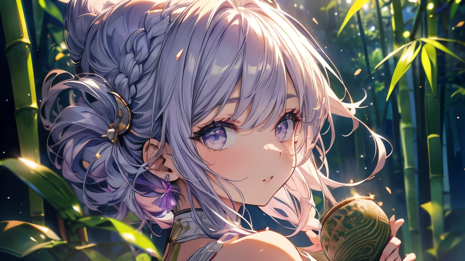 (aerial view), mature woman, 1 girl, (Masterpiece, Best Quality, ultra detailed), sharp focus, detailed face, facial focus, Extremely detailed eyes, wide, crown braid, hair over the shoulder, (Silver and purple hair:1.3), purple eyes, long eyelashes, (drunk:1.2), Delicate makeup, big breasts, ((pink and white intricate dress, bare shoulders, neckline)), ((Twilight, holding sake in one hand, bamboo shoots background, grass, green particles surround, breeze)), cinematic lighting, edge ray, ray tracing, shadow, Dynamic Angle