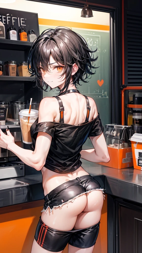 College boy, short black messy hair, orange eyes, black binder top, black mirco shorts, light smile, black shorts, muscular, ass, bent over, large ass, looking back, looking at viewer, embarrassed, coffee shop, male character (1.0), flat chested, guy, boy, male character, no girls