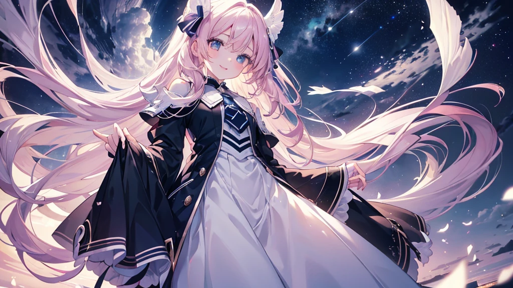 (Night Sky), ((Beautiful eyes)), (((The best smile,Angle from below))), (((Highest quality、masterpiece、Ultra-fine、Ultra-fine、Exquisite、16K、Full HD,high school girl))) 、Long eyelashes、White skin、(thin and long)、 ((cute)) ((One person),(A magnificent composition、epic proportion)、(Pale pink lips、Pale pink cheeks、thin and long)、Dynamic lighting,
