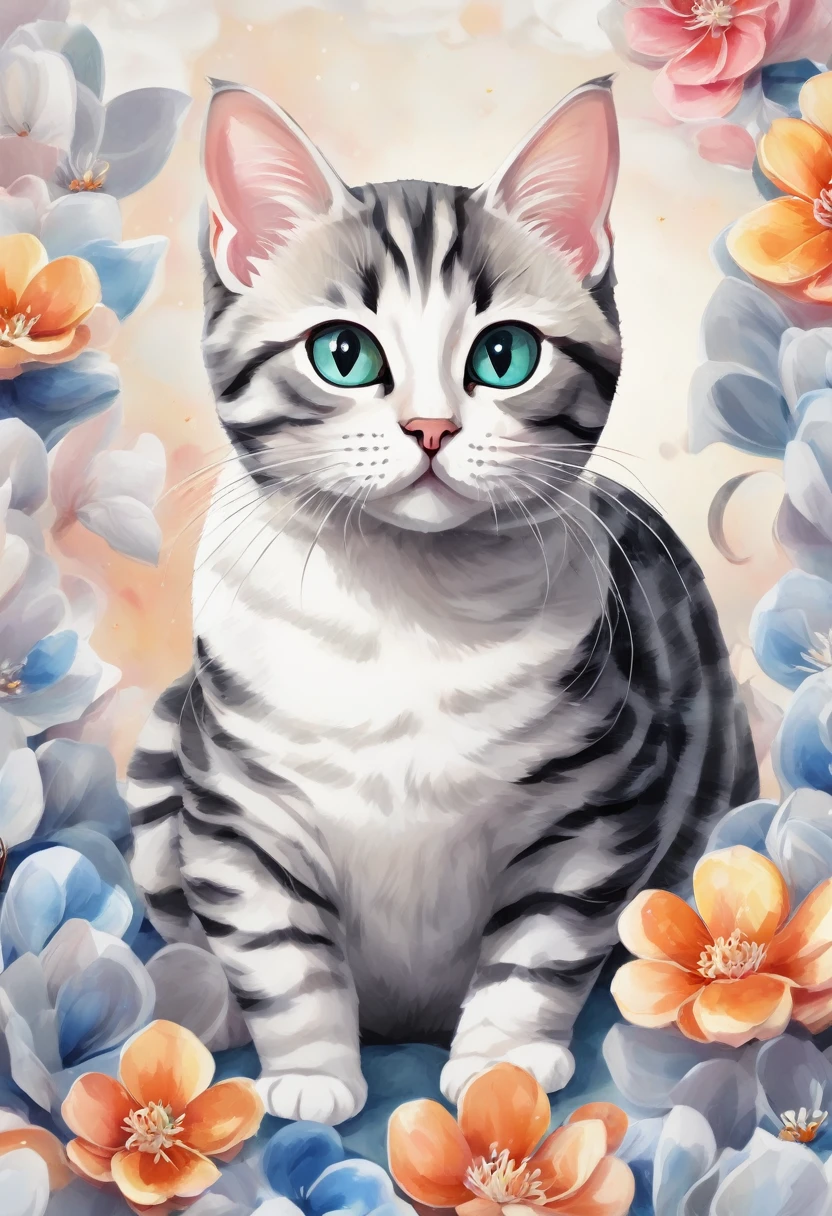 a cat of the American Shorthair breed, 3D watercolor style painting, American Shorthair cat, full picture, High contrast high resolution (photorrealistic:1.5), White background, sticker style, (raw photos, 16K, HD,