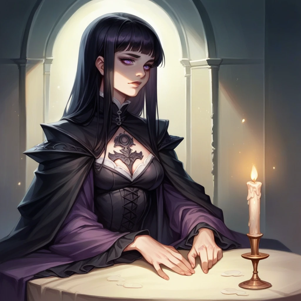 A black style gothic girl with black hair, dressed in dark purple clothing, sitting next to a lit candle, in a whimsical and surreal artistic style with watercolor and painting techniques, with dark fantasy elements, dramatic lighting and ethereal atmosphere,showing a 120ml Shortfill bottle. realistic image.