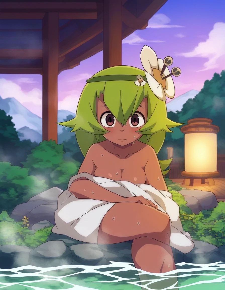 score_9, score_8_up, score_7_up, anime screenshot, looking at viewer, clouds 1girl, amalia sheran sharm, green hair, green hairband, hair ornament, hair flower, dark skin, brown eyes,, onsen, water, thermal source, submerged, steam, outdoors, rocks, bushes, grass, night, lantern, looking at viewer, sweating