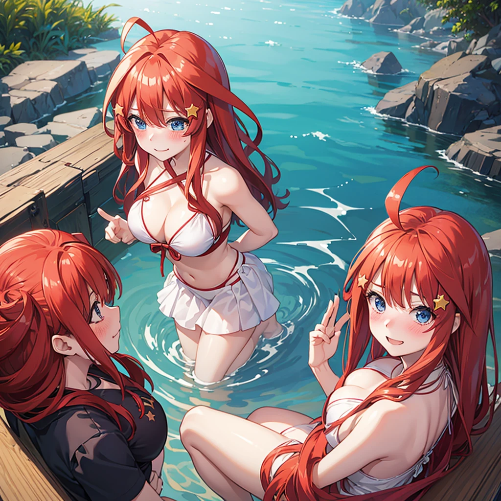 (Best quality:1.3), nakano itsuki, red long hair, star hair ornament, ahoge, bikini, smiling, busty, beach, kneeling, (from above view), (blushing:1.3)