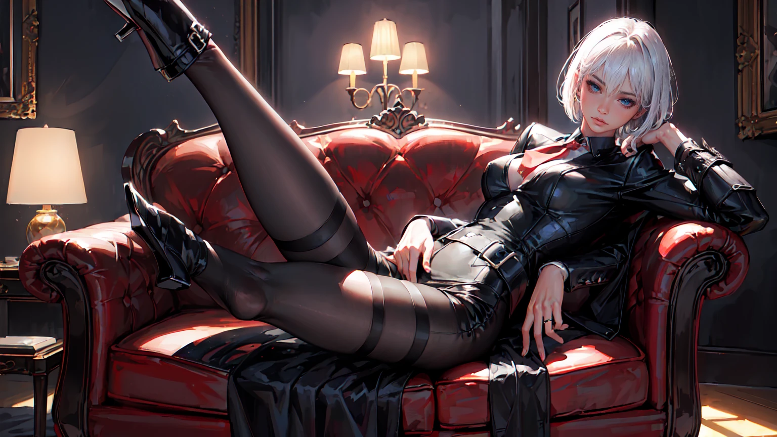 (Epic Showcase Designs in Detail)(Masterpiece, Best Quality, Ultra High Resolution , Digital Art,Beautiful and Aesthetic )Perfect proportions of the body , not an ordinary perspective . ( One Fashionable adult girl with a short oblique bob, slender figure, ) suit in professional performance , long tie , (silk thick threads of red color ) , . The character sits on a large massive leather sofa , an atmospheric pose ,( 2.5D style . realistic anatomy , beautiful perspective . Best image quality , pastel color , focus on the face , well detailed eyes , detailed background in boudoir style . )