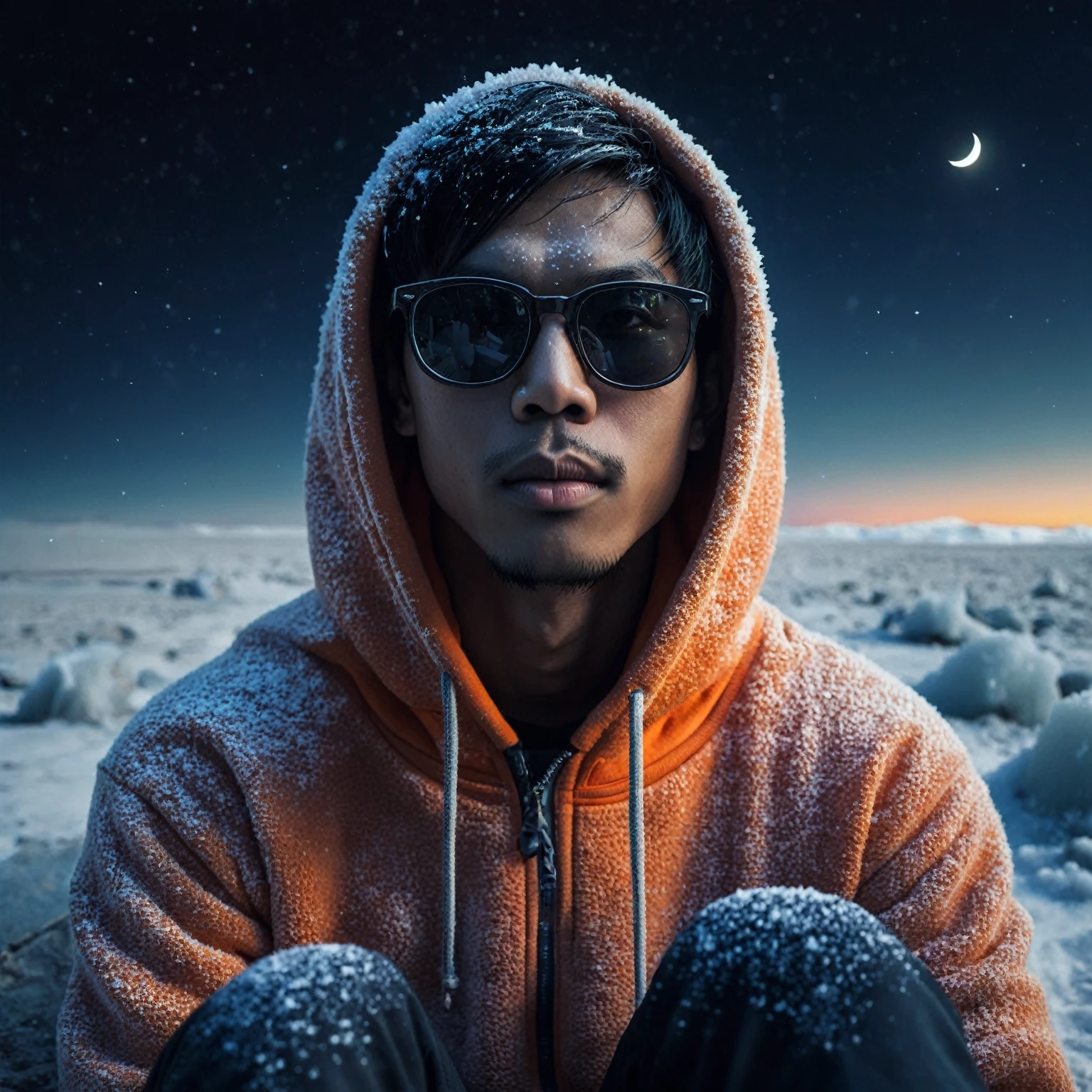 realistic photo, a man with a native Indonesian face, 25 years old, oval face, short side parted hair style, very thin body, sun glasses, wearing an orange hoodie, wearing black trousers, wearing black flip-flops , it looks like he is sitting on the bed, he looked cold, the atmosphere in the snowy desert is full of frozen ice, at night,You can see the stars and moon above the sky