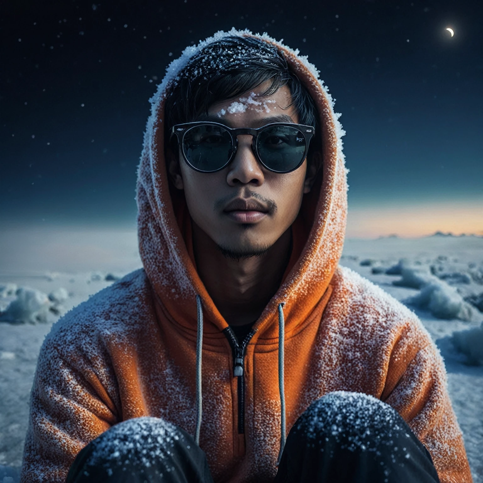 realistic photo, a man with a native Indonesian face, 25 years old, oval face, short side parted hair style, very thin body, sun glasses, wearing an orange hoodie, wearing black trousers, wearing black flip-flops , it looks like he is sitting on the bed, he looked cold, the atmosphere in the snowy desert is full of frozen ice, at night,You can see the stars and moon above the sky