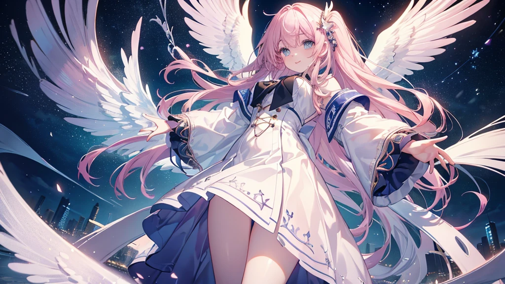 (Night Sky), ((Beautiful eyes)), (((The best smile,Angle from below))), (((Highest quality、masterpiece、Ultra-fine、Ultra-fine、Exquisite、16K、Full HD,high school girl))) 、Long eyelashes、White skin、(thin and long)、 ((cute)) ((One person), (A magnificent composition、epic proportion)、(Pale pink lips、Pale pink cheeks、thin and long)、Dynamic lighting,