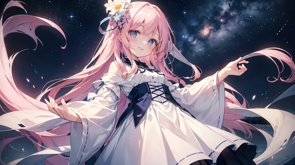 (Night Sky), ((Beautiful eyes)), (((The best smile,Angle from below))), (((Highest quality、masterpiece、Ultra-fine、Ultra-fine、Exquisite、16K、Full HD,high school girl))) 、Long eyelashes、White skin、(thin and long)、 ((cute)) ((One person), (A magnificent composition、epic proportion)、(Pale pink lips、Pale pink cheeks、thin and long)、Dynamic lighting,