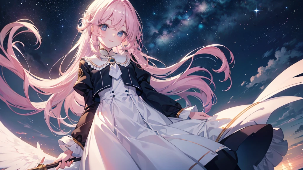 (Night Sky), ((Beautiful eyes)), (((The best smile,Angle from below))), (((Highest quality、masterpiece、Ultra-fine、Ultra-fine、Exquisite、16K、Full HD,high school girl))) 、Long eyelashes、White skin、(thin and long)、 ((cute)) ((One person), (A magnificent composition、epic proportion)、(Pale pink lips、Pale pink cheeks、thin and long)、Dynamic lighting,