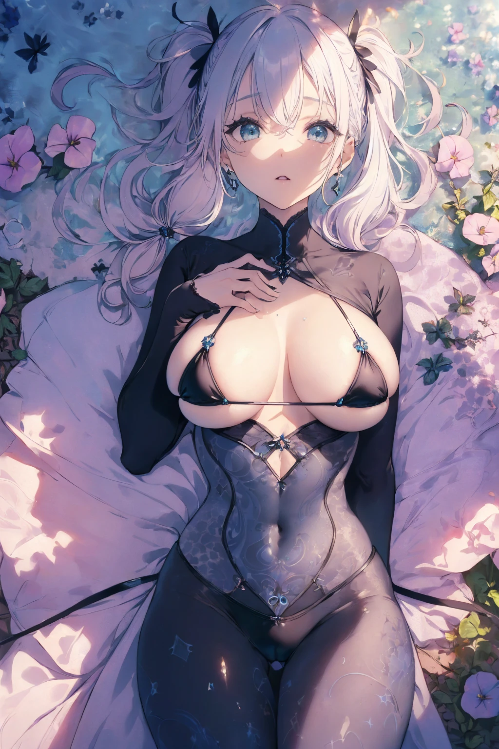 (micro bikini photo:1.1, big chest, saggy breast, in blue waterfront garden:1.5), Masterpiece, best quality, (very detailed CG unity 8k wallpaper), (best quality), High definition RAW color art, Animation,sculptures, (black Marble Skin), (((Ultra detailed elegant))), Magical atmosphere, Detailed skin, Texture,(Intricately detailed, Fine detail, ultra-detail art), depth of fields, bokeh, Silky Touch, Hyper Detail, beautiful eyes, Elegant Face, (lying on pastel pink waterfront, morning glory), sparkle background, enormous breast:1.3, (silver hair, twintail), pastel purple, embarrassing face, wide open udder, twin tail