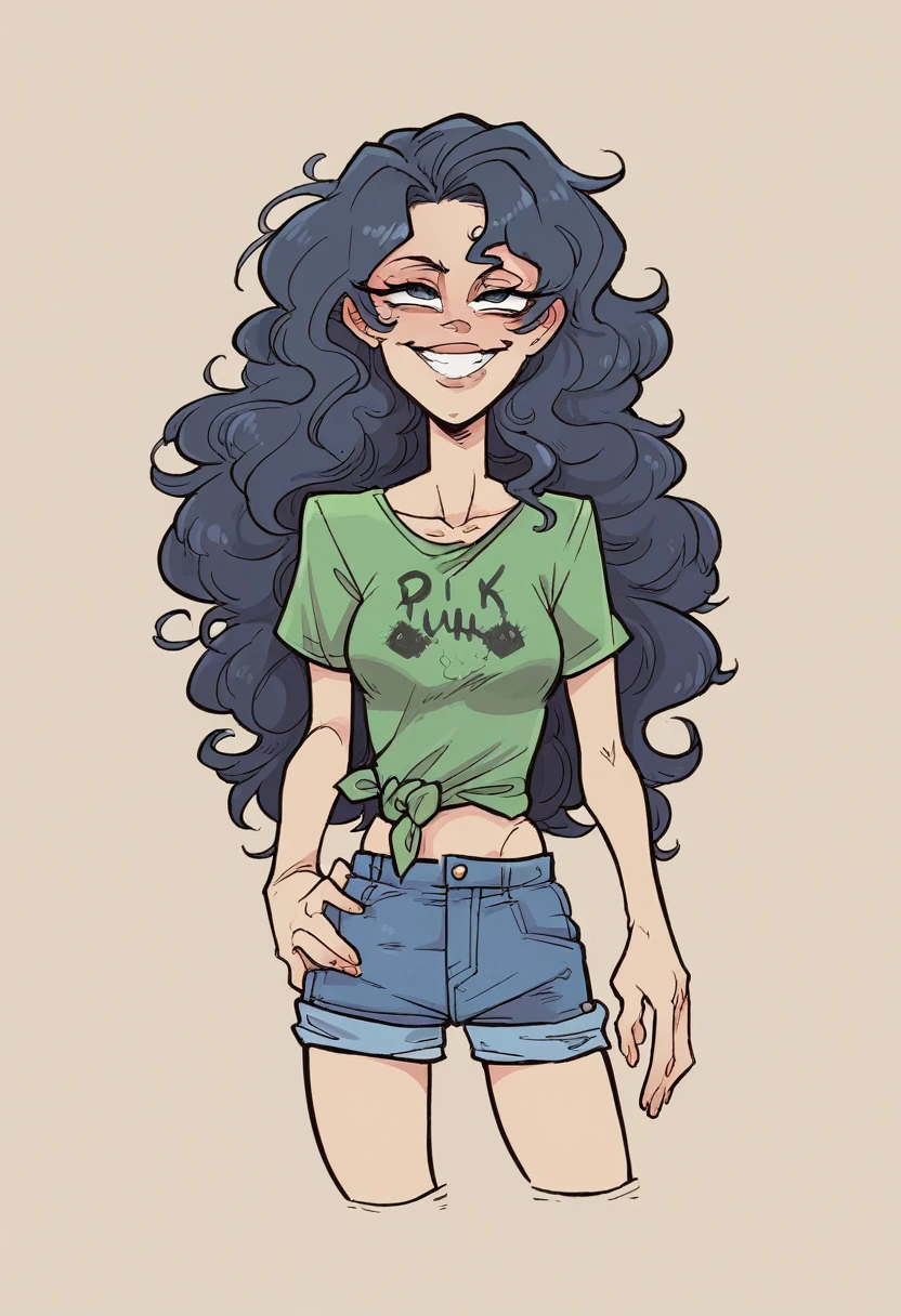 Draw a character in animated art style, with a vibrant and expressive appearance. The character must have exaggerated characteristics, like big, expressive eyes, a wide, fun smile, and a relaxed and playful posture. The background should be simple and not distract from the main figure. The color palette should be bright and attractive, with details that add a touch of charm and personality to the character. The character must wear casual and modern clothing, like denim shorts and a t-shirt tied around the waist, and must have long, wavy hair, brightly colored."