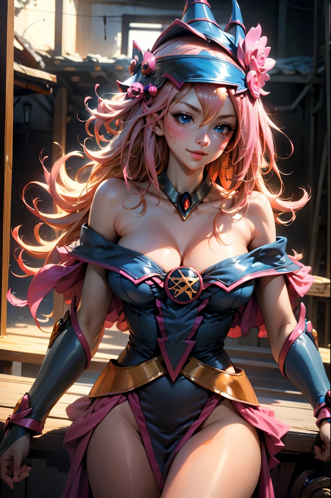 Beautiful face of dark magician gils naked blue eyes. pink lips. Long blonde hair. bare shoulders, angelic smile, beautiful well detailed face of dark magician gils. blowing a kiss. sexy kiss . naked breasts. Nice big and beautiful breasts.