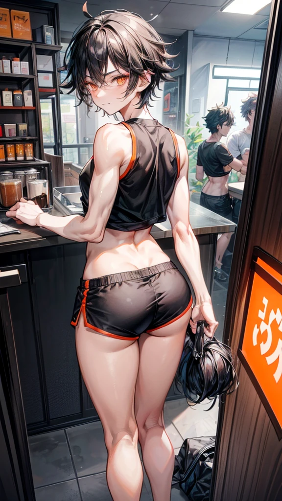 College boy, handsome boy, short black messy boy hair, orange eyes, black binder top, black mirco shorts, light smile, black shorts, muscular, ass, bent over, large ass, looking back, looking at viewer, embarrassed, coffee shop, male character (1.0), flat chested, guy, boy, male character, no girls