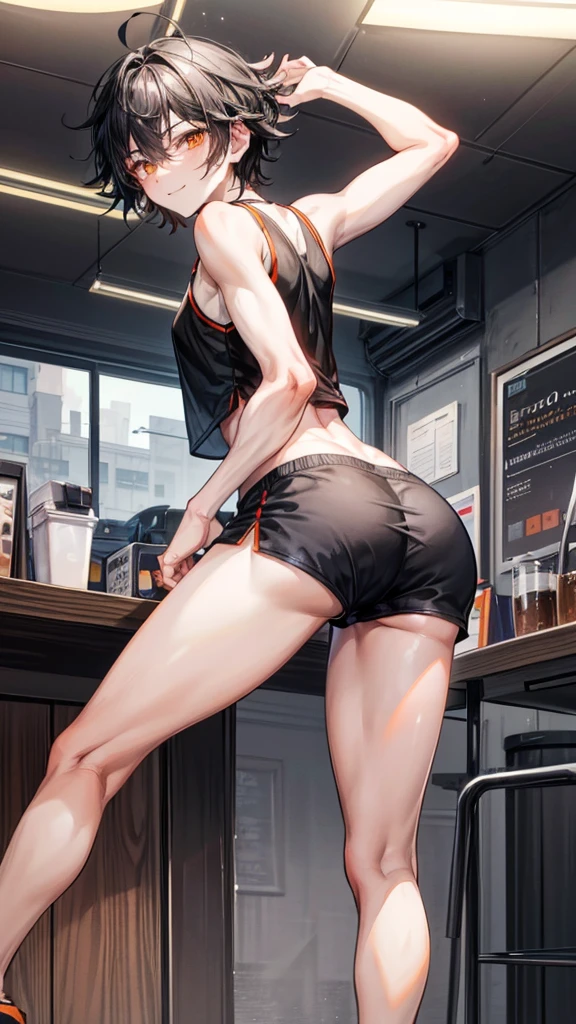 College boy, handsome boy, short black messy boy hair, orange eyes, black binder top, black mirco shorts, light smile, black shorts, muscular, ass, bent over, large ass, looking back, looking at viewer, embarrassed, coffee shop, male character (1.0), flat chested, guy, boy, male character, no girls