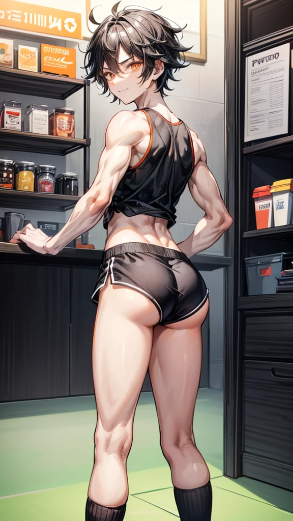 College boy, handsome boy, short black messy boy hair, orange eyes, black binder top, black mirco shorts, light smile, black shorts, muscular, ass, bent over, large ass, looking back, looking at viewer, embarrassed, coffee shop, male character (1.0), flat chested, guy, boy, male character, no girls