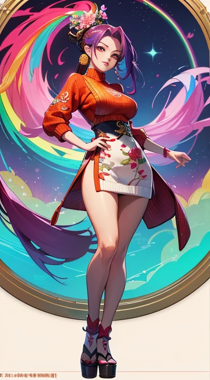 nighttime,full body,KOF:Mai Shiranui ,(((Wearing vibrant rainbow color scheme art, Suzhou embroidery technology; knitted sweater hole dress))),The mirror, Masterpiece,best quality,official art,extremely detailed 3DCG unity 8k, ( ##tattoo ##,tattoo, ~+ tattoo),(Perfect female curves, huge breast),(A seductive gaze), Facing the camera, Pink lips,Delicate fingers and hands,magic hour, Rembrandt lighting, front lighting and fill lighting, hard shadow, Arnold render,