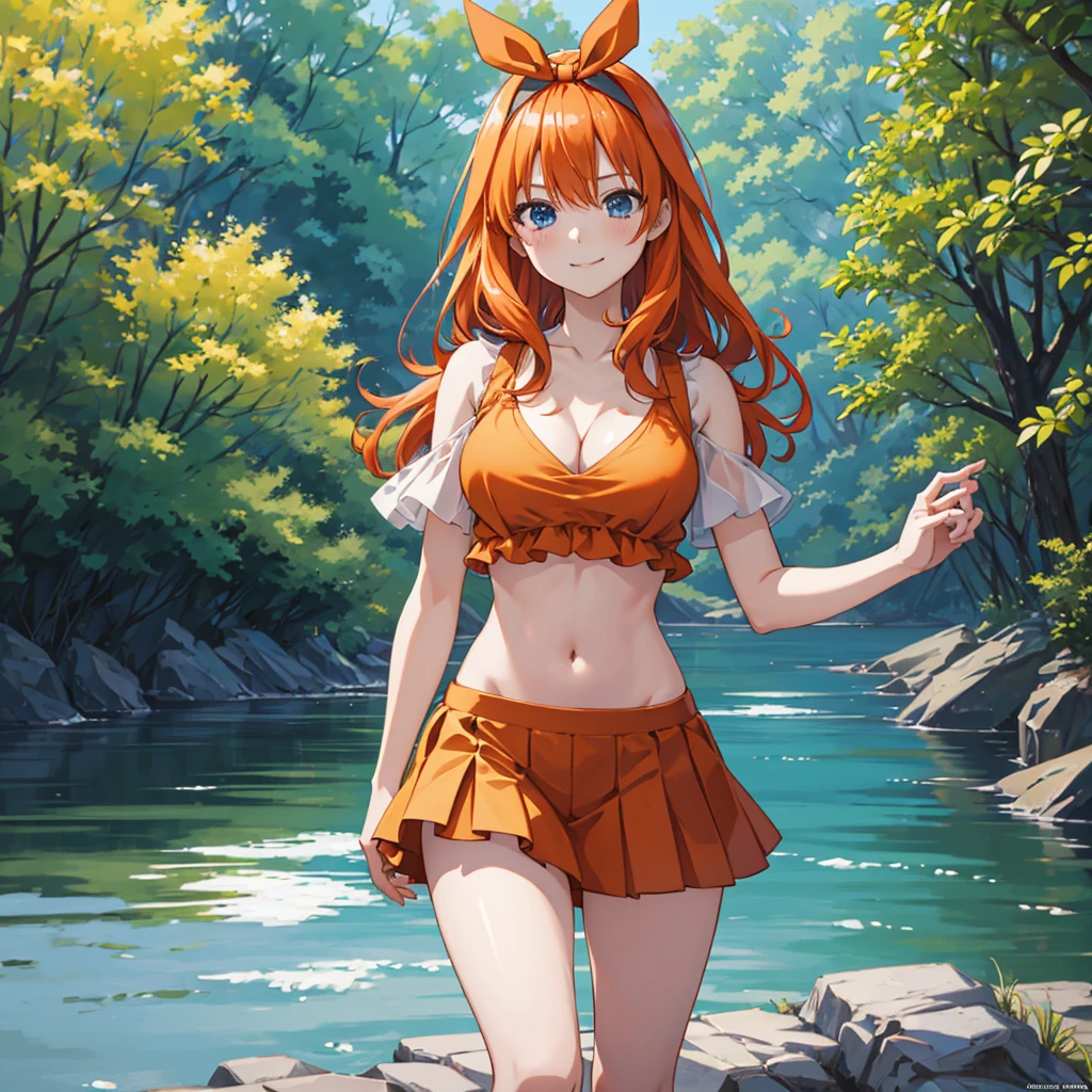 2D, masterpiece, highest quality, anime, very detailed, 1 girl, alone, cowboy shot, Nakano Yotsuba, orange hair, hair ribbon, crop top, cleavage , mini skirt, medium breasts, Are standing, , outdoor, smile