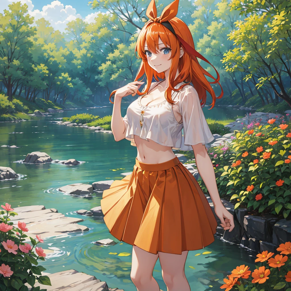 2D, masterpiece, highest quality, anime, very detailed, 1 girl, alone, cowboy shot, Nakano Yotsuba, orange hair, hair ribbon, crop top, cleavage , mini skirt, medium breasts, Are standing, , outdoor, smile