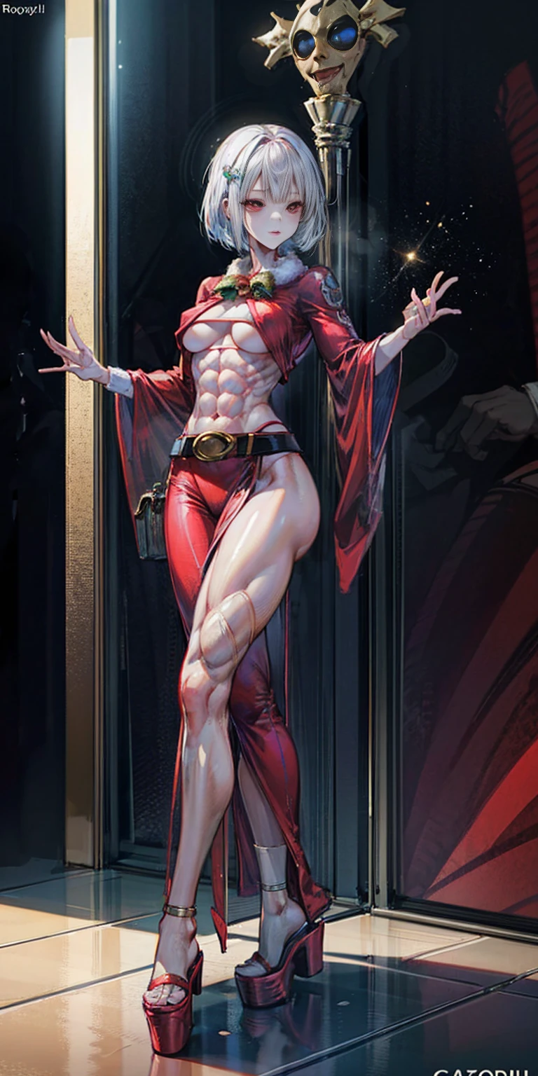 (((1 girl))), (Cassia Orsellio), (short white hair), (Red eyes), , (((wearing a sexy Santa suit))), (Full body view), (in the motel room), (((slender, muscular legs))), thin waist, Stomach Muscles, big ass, (((Full body photo))), black high heel shoes, (standing with one eye closed and showing her very sensual tongue), (((very sensual expression))), (HDR), eye reflection, extended eyes, extended eyes, moody, cheered up, minimalism, cheered up style, ray tracing, cinematic lighting, cinematic lighting, shine, shine, jpeg artifacts, bright light, rays of god, ray tracing, drop shadow, panorama, Sony FE, from behind, below, below, UHD, piece of teacher, necessary, necessary, anatomically correct, super detail, high quality , Best Quality , very high, 16k