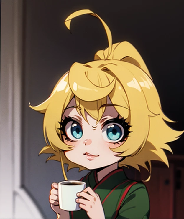 There is a 26-year-old girl holding a cup of coffee in her hand, Nice face girl, Cute natural anime face, He has a nice face - soft -, Sakimi-chan, Chiho, Yoshitomo Nara, Cute young face, Face of a beautiful Japanese girl, Blond hair and big eyes, Cute kawaii girl, Beautiful big, light eyes
