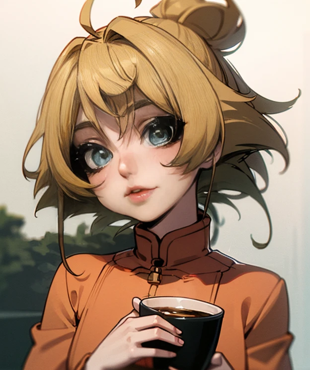 There is a 26-year-old girl holding a cup of coffee in her hand, Nice face girl, Cute natural anime face, He has a nice face - soft -, Sakimi-chan, Chiho, Yoshitomo Nara, Cute young face, Face of a beautiful Japanese girl, Blond hair and big eyes, Cute kawaii girl, Beautiful big, light eyes