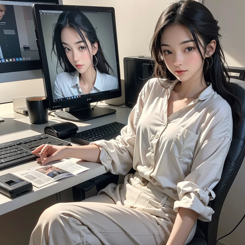 A woman was sitting at a desk at a computer.,Let's look at the computer,Downview,Downview,4/Three aspects,Keyboard side, Realistic art style, Digital anime illustration, Realistic anime art style, Photorealistic art style, Digital anime art, Realistic Anime 3D Style, Realism art style, Cartoon digital painting, Realistic , Digital character illustration, Anime realism style, Realistic young anime girl, Digital cartoon painting art, Digital Manga Art