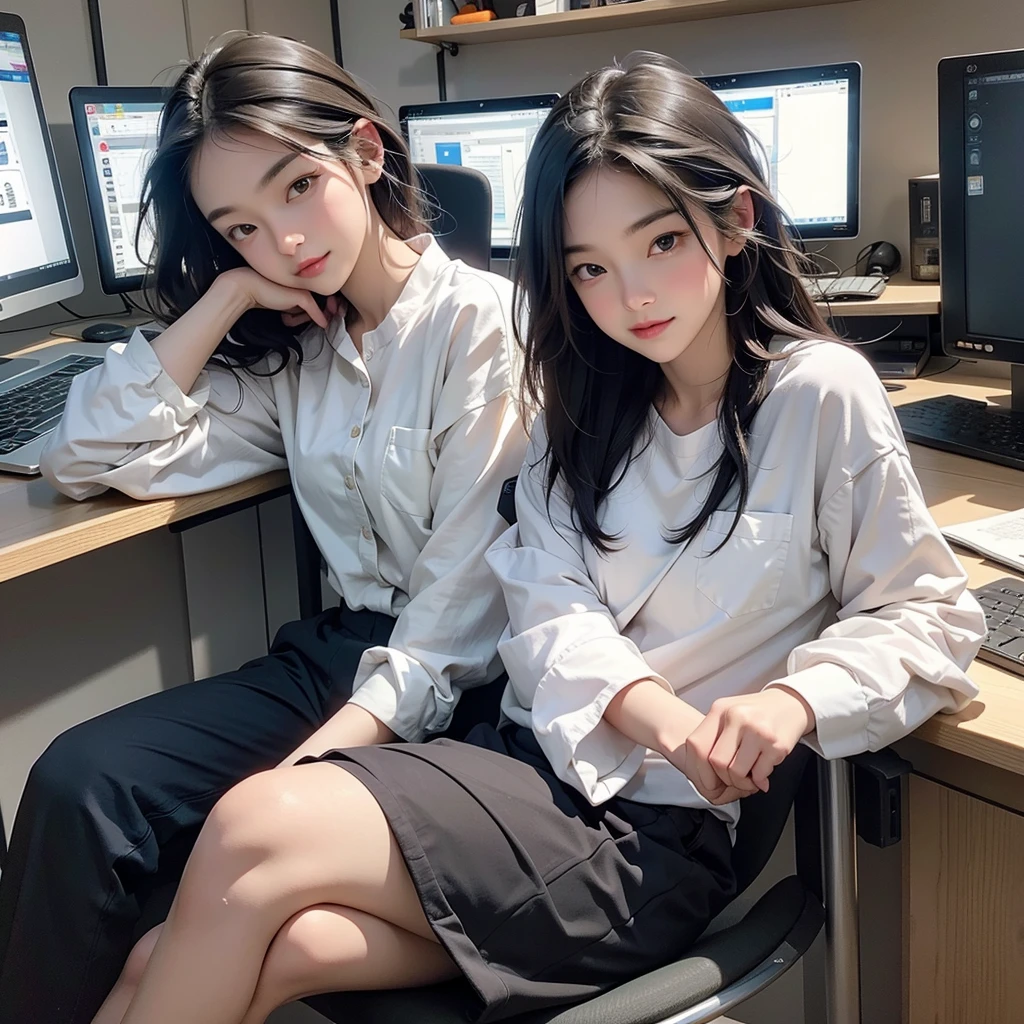 A woman was sitting at a desk at a computer.,Let's look at the computer,Downview,Downview,4/Three aspects,Keyboard side, Realistic art style, Digital anime illustration, Realistic anime art style, Photorealistic art style, Digital anime art, Realistic Anime 3D Style, Realism art style, Cartoon digital painting, Realistic , Digital character illustration, Anime realism style, Realistic young anime girl, Digital cartoon painting art, Digital Manga Art
