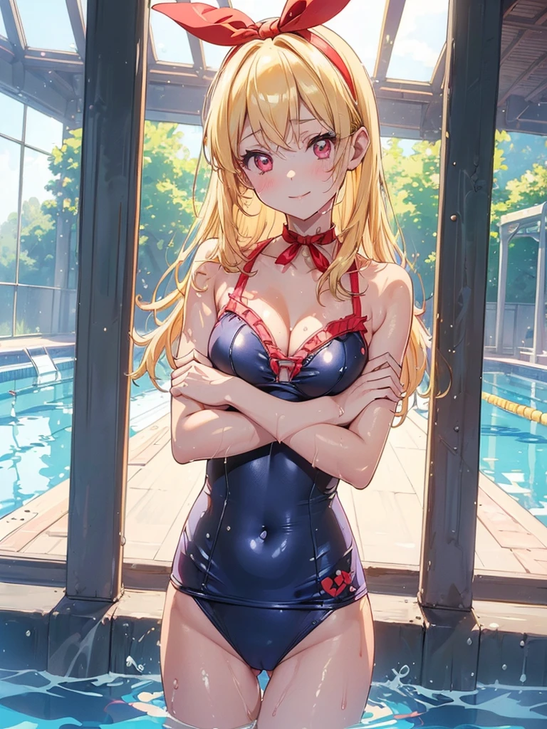 (RED Ribbon on HAIRband:1.2),aikatsu,masterpiece, best quality, ((beautiful detailed eyes):1.3), 10years old, RED eyes, Blonde hair,Straight hair, leg hair ribbon, RED headband,large_boob, ((tight brilliant shiny competition swimsuit:1.2, plunking neckline, plunking navel, cleavage)), ((extremely delicate and beautiful fabric):1.3), looking at viewer, ((gravure pose, crossed arms, under breasts)), seductive_orgasm smile, blush, slender, slim, (indoor pool, pool lane, swimming pool, competition pool, pool starting block, swimming building, water, water surface, daytime, window, sunlight, (in the pool):1.2), very clear, ((masterpiece, best quality, ultra-detailed):1.5), ((an extremely delicate and beautiful)), ((((illustration)))), (realistic:0.6), (extremely detailed skin), ((ultra-detailed:1.35)), (detailed fingers, absurdres, intricate, (1girl), ((solo)), ((glistening skin)), (((oily skin))), ((wet skin)),