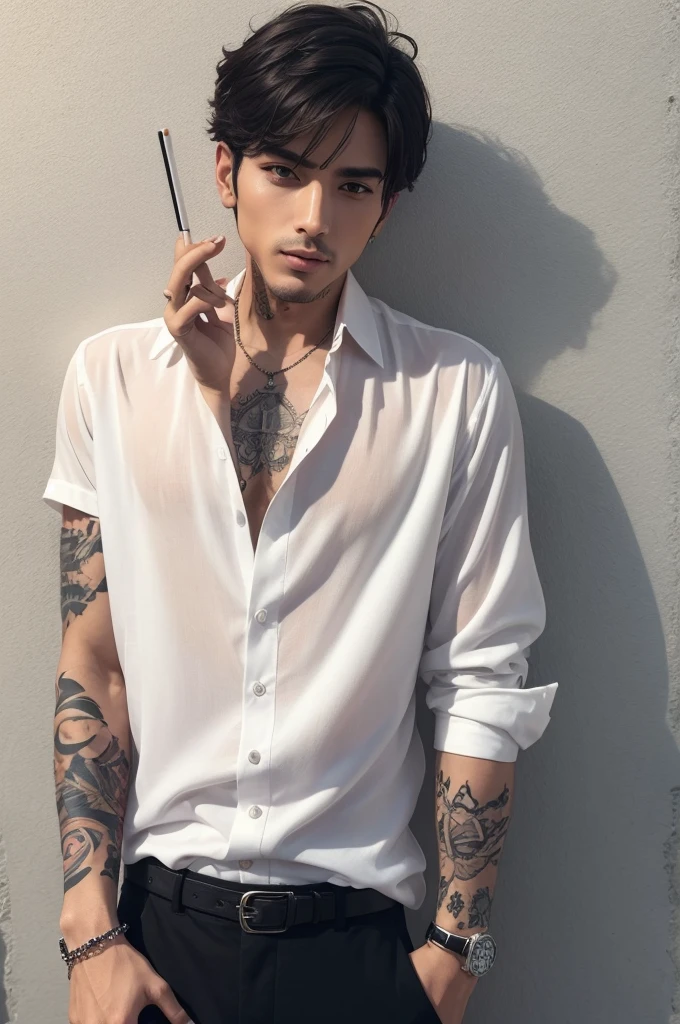 A man in a white blouse with a tattoo on his arm smoking 🚬