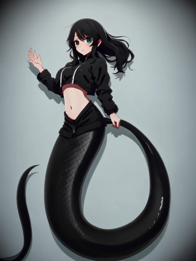 (mermaid:1.0), 1 long black shark tail, full body, midriff black crop top, beautiful perfect symmetrical face, beautiful cute dark teenager girl, full body ,under the sea, long black pony tail, fins, stretching,  long nails, black jacket, fins, 