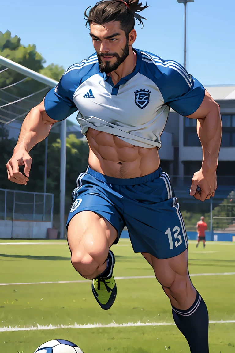 A sexy strong mature male soccer player, beard, shirtless, running on a soccer field, short slipping down as he run