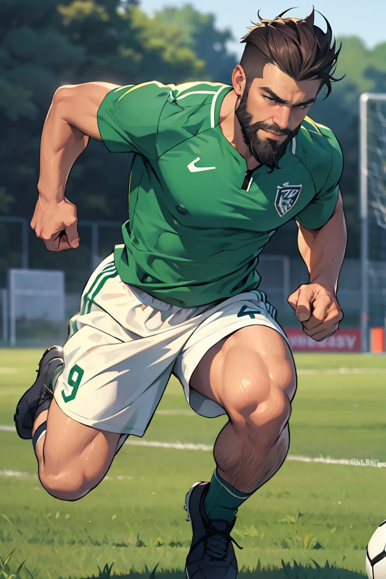 A sexy strong mature male soccer player, beard, shirtless, running on a soccer field, short slipping down as he run
