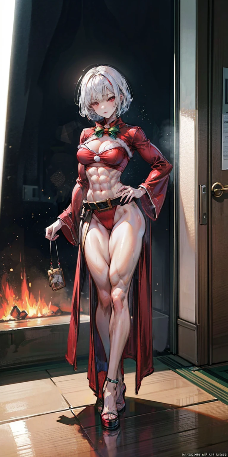 (((1 girl))), (Cassia Orsellio), (short white hair), (Red eyes), , (((wearing a sexy Santa suit))), (Full body view), (in the motel room), (((slender, muscular legs))), thin waist, Stomach Muscles, big ass, (((Full body photo))), black high heel shoes, (standing with one eye closed and showing her very sensual tongue), (((very sensual expression))), (HDR), eye reflection, extended eyes, extended eyes, moody, cheered up, minimalism, cheered up style, ray tracing, cinematic lighting, cinematic lighting, shine, shine, jpeg artifacts, bright light, rays of god, ray tracing, drop shadow, panorama, Sony FE, from behind, below, below, UHD, piece of teacher, necessary, necessary, anatomically correct, super detail, high quality , Best Quality , very high, 16k
