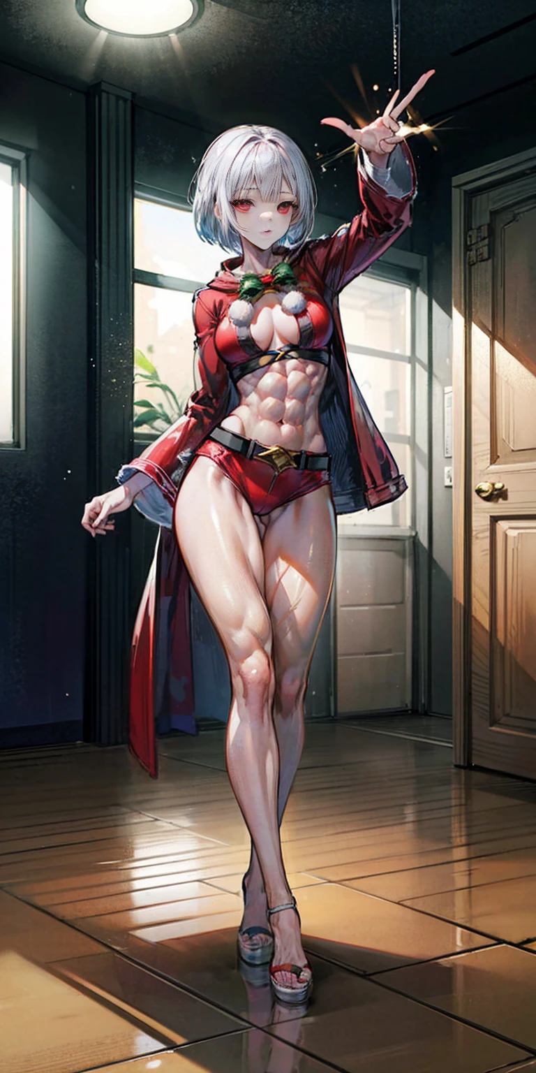 (((1 girl))), (Cassia Orsellio), (short white hair), (Red eyes), , (((wearing a sexy Santa suit))), (Full body view), (in the motel room), (((slender, muscular legs))), thin waist, Stomach Muscles, big ass, (((Full body photo))), black high heel shoes, (standing with one eye closed and showing her very sensual tongue), (((very sensual expression))), (HDR), eye reflection, extended eyes, extended eyes, moody, cheered up, minimalism, cheered up style, ray tracing, cinematic lighting, cinematic lighting, shine, shine, jpeg artifacts, bright light, rays of god, ray tracing, drop shadow, panorama, Sony FE, from behind, below, below, UHD, piece of teacher, necessary, necessary, anatomically correct, super detail, high quality , Best Quality , very high, 16k