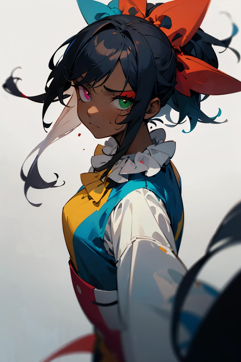 Girl with a tired and upset expression dressed as a clown with black hair and eyes with red and green heterochromia with dark circles under her dark skin eyes