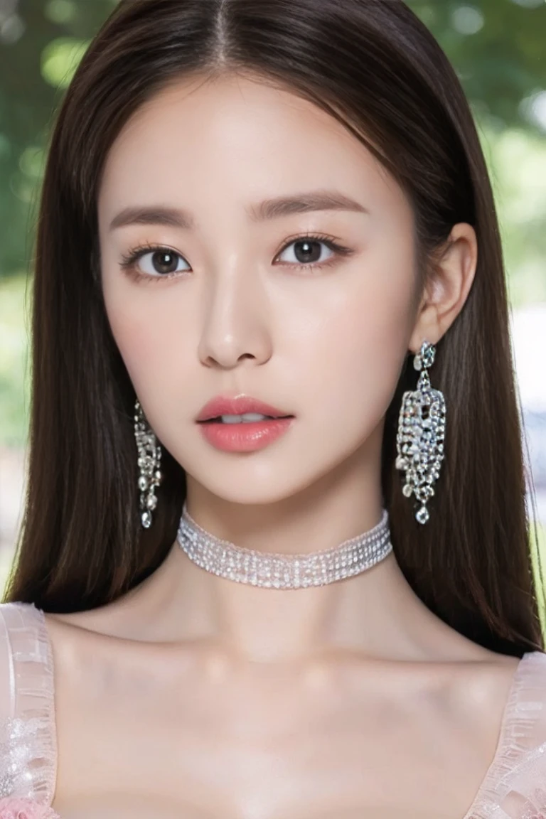 Half-body photo of a Korean woman, (Perfect beauty:1.37), ((Platinum brown hair)), (Huge:1.5)(((Perfect natural breasts))), Cleavage, ((Dynamic pose)), Sexy clavicle, Oval Face, double eyelid, Clever pink eyes, Pink Lips, Small Nose, bangs, (Are standing), Earrings, Ribbon choker, Bare shoulders, chiffon(((Slit evening dress))), (Outdoor, night, Bokeh:1.125), View of the park, Highly detailed face, Beautiful Eyes, double eyelid, (Clear focus), (Realistic lighting, Highest quality, 8K, masterpiece: 1.43),