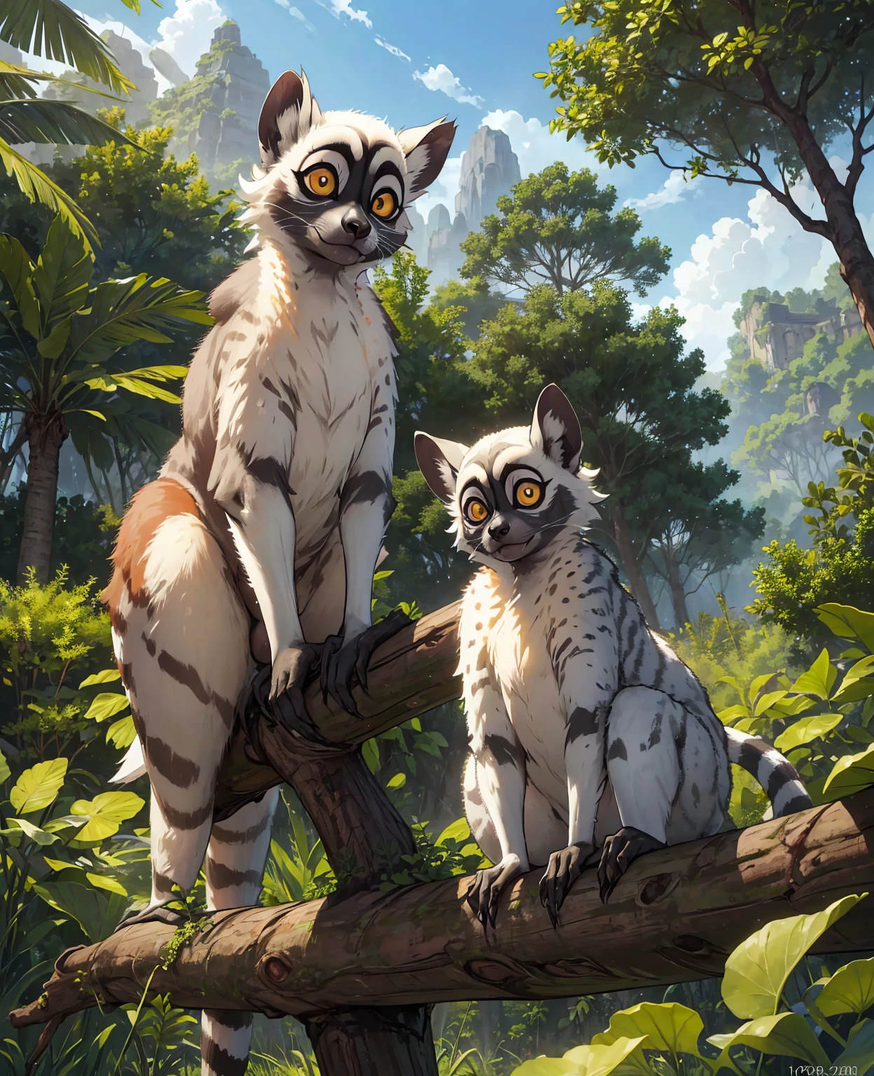 a cute lemur, adorable lemur, realistic lemur, lemur in the wild, lemur on a tree branch, lemur with big eyes, lemur with long tail, photorealistic lemur, highly detailed lemur, extremely detailed lemur, (best quality,4k,8k,highres,masterpiece:1.2),ultra-detailed,(realistic,photorealistic,photo-realistic:1.37),vibrant colors,natural lighting