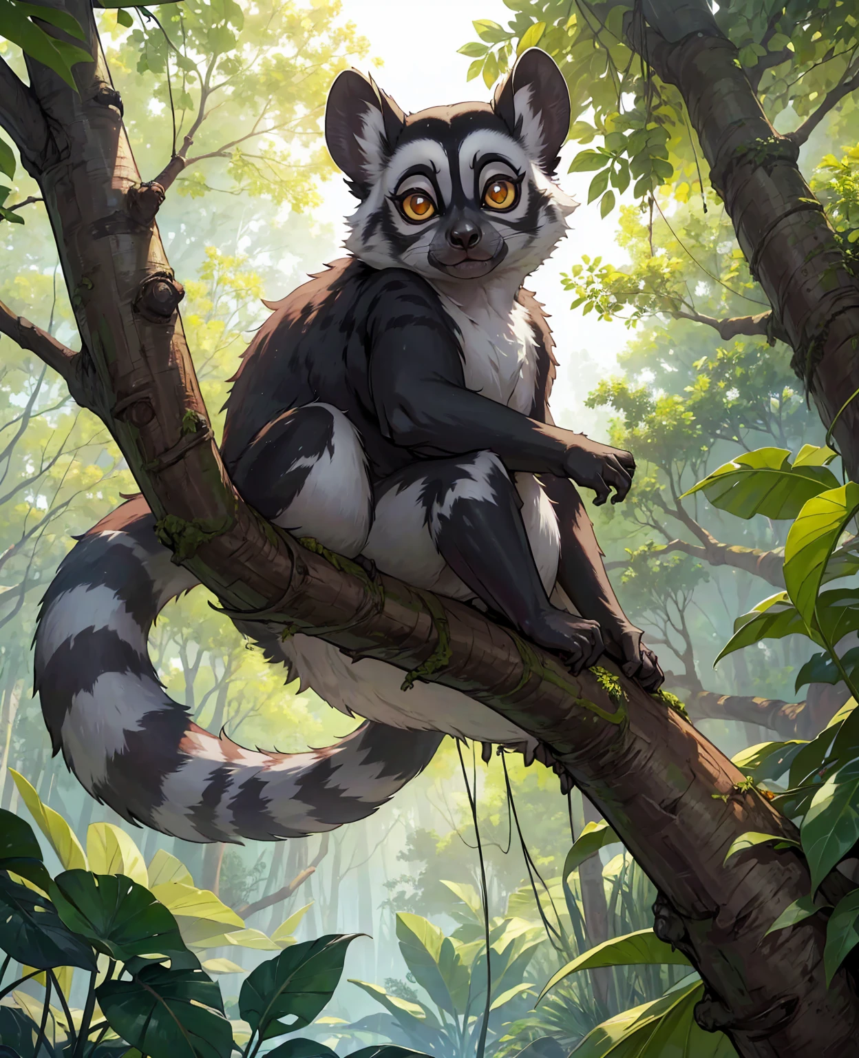 a cute lemur, adorable lemur, realistic lemur, lemur in the wild, lemur on a tree branch, lemur with big eyes, lemur with long tail, photorealistic lemur, highly detailed lemur, extremely detailed lemur, (best quality,4k,8k,highres,masterpiece:1.2),ultra-detailed,(realistic,photorealistic,photo-realistic:1.37),vibrant colors,natural lighting