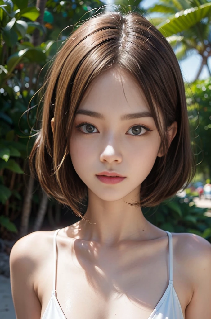 ((Highest quality)),((8K、32k)),(Genuine)、(detailed)、((Beach))、((Bust up shot))、((face closeup))、(White skin)、(Big Breasts)、The best balance between face and shoulder width、Micro Bikini、Shiny Hair、Short Bob、Glowing Skin、Japanese、beauty、Looking into the camera、Thick lips、kawaii、Hehehe:1.2、Shot with a film camera、RAW shooting、#24、Genuine、フォトGenuine:1.4、Photon Mapping、Physically Based Rendering、Perfect Anatomy、detailedなデコルテ、detailedな目、detailedな二重、detailedな咬筋、detailedな鎖骨、Perfect Fingers、Finger Description、(品質 8K)、((White skin))、Avoid mascara、Hair with movement、detailedな毛穴、Natural light、detailedな描写、Blushing、Fine pores、Perfect cleavage、masterpiece、Blushing、detailedな腹筋、sexy、detailedな脇の下、(slender)、(Upper Body)、detailedな目元、1 person、