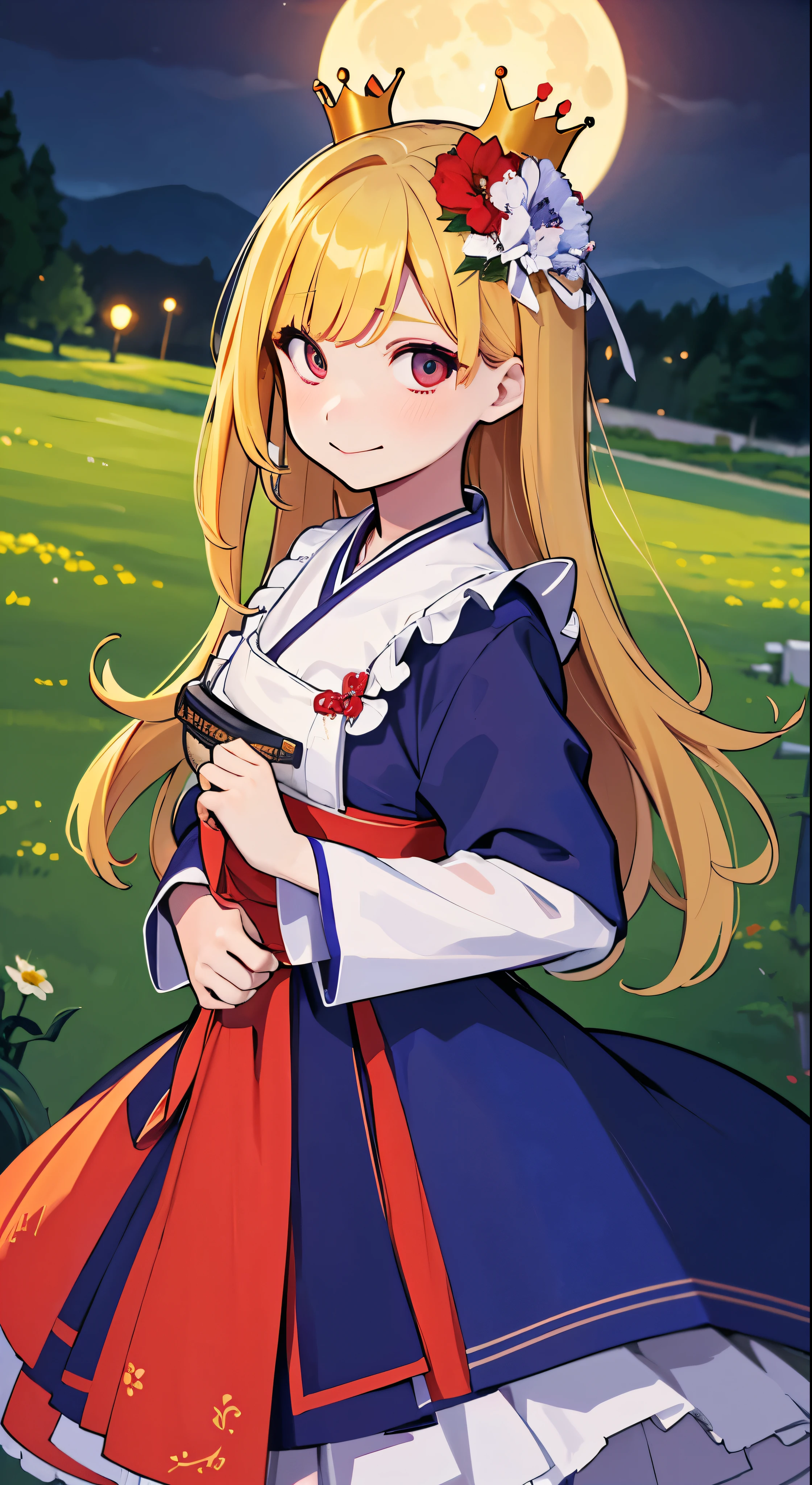 best quality, high_resolution, distinct_image, detailed background ,girl, hanbok,flower,garden,moon, night,dutch angle, wide shot, crown,