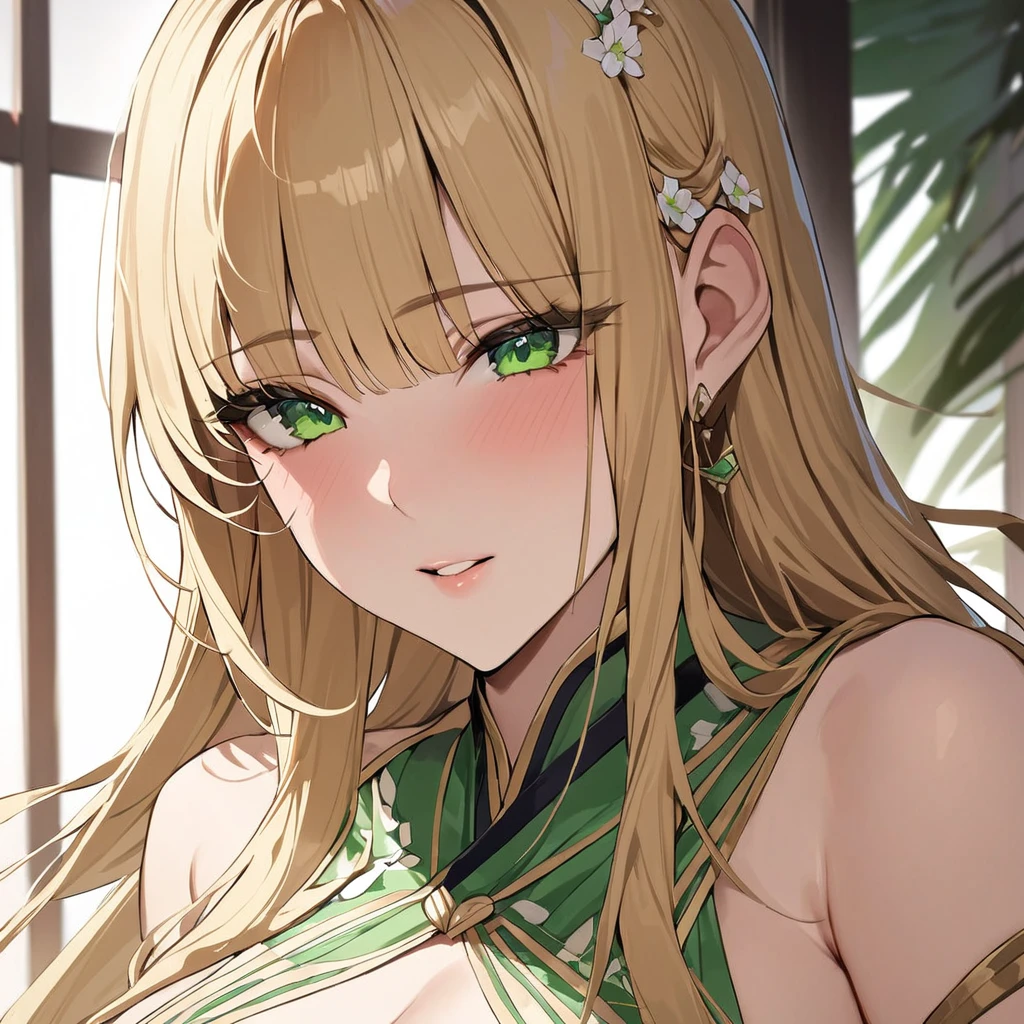 ((Highest quality)), ((masterpiece)), (detailed), (Perfect Face)、The woman is Tiare, with green eyes and medium-long blonde hair.、A woman is a beautiful warrior's figure