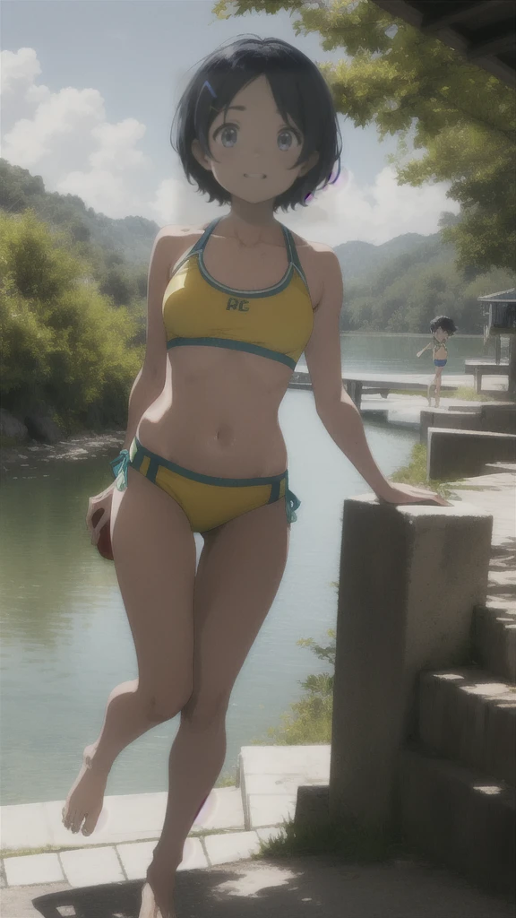 Ai ohto [wonder egg priority], short hair, hairclip,yellow bikini , sports bra, smile, barefoot, lake