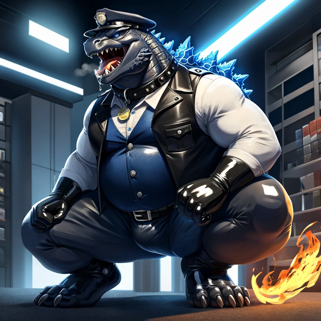 Solo, Male, fat, squatting, extremely obese, gentleman, dapper Godzilla, blue eyes, (soft shading), 4k, hi res, ((detailed face, detailed)), looking at viewer, gaping mouth, breathing fire, police station, collared shirt with buttons, hat, male focus, Police Uniform, glasses, monocle, vest with buttons, sleeves rolled up, round eyewear, headwear, vest, Godzilla is wearing a glossy leather dog collar around the neck, Godzilla is wearing the leather collar and shirt and vest at the same time, Godzilla is wearing glossy white rubber gloves on the hands, wearing white rubber gloves on the feet, gloves are rubber in texture, open mouth, drool, clenching fists, leather collar is glossy and shiny with a lot of detail, Godzilla is wearing gloves and leather collar at the same time, leather collar has a round dog-tag, leather collar is thick and detailed, white rubber gloves on the feet.