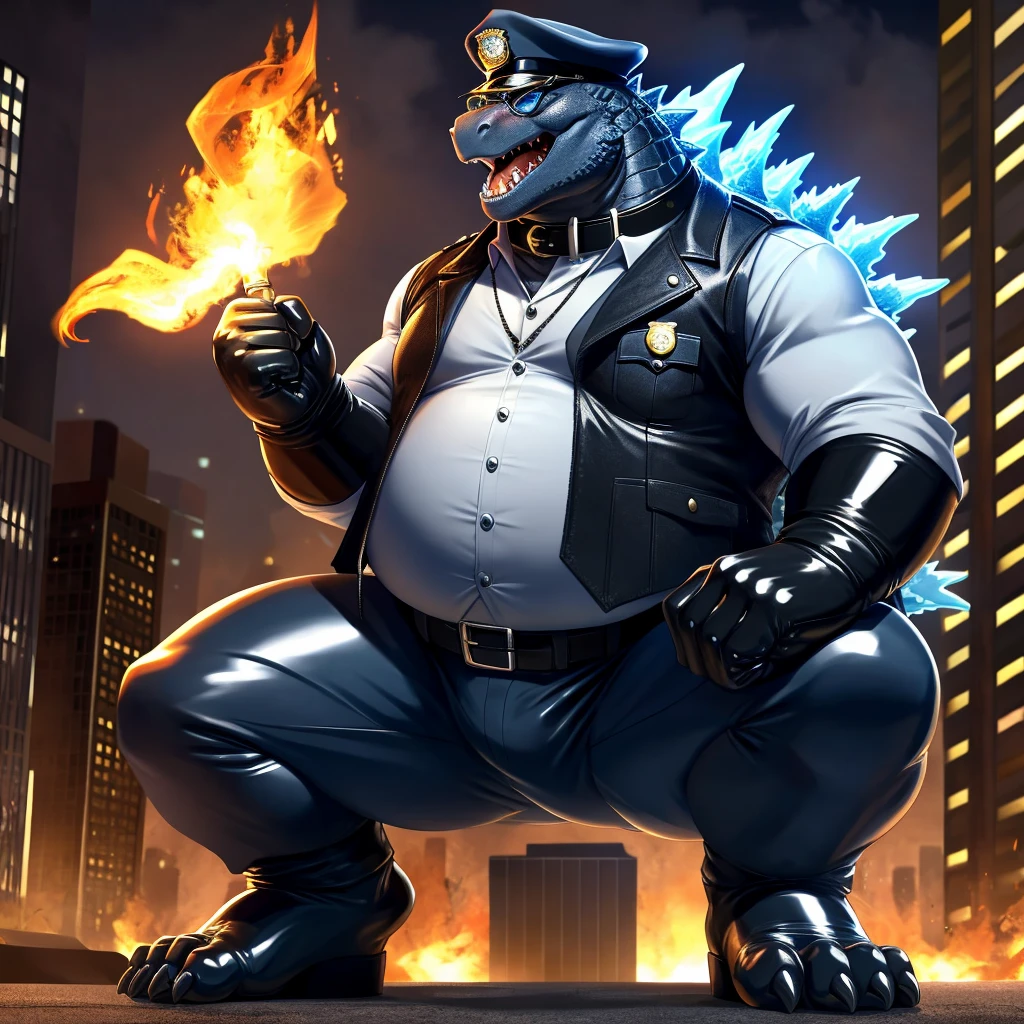 Solo, Male, fat, squatting, extremely obese, gentleman, dapper Godzilla, blue eyes, (soft shading), 4k, hi res, ((detailed face, detailed)), looking at viewer, gaping mouth, breathing fire, police station, collared shirt with buttons, hat, male focus, Police Uniform, glasses, monocle, vest with buttons, sleeves rolled up, round eyewear, headwear, vest, Godzilla is wearing a glossy leather dog collar around the neck, Godzilla is wearing the leather collar and shirt and vest at the same time, Godzilla is wearing glossy white rubber gloves on the hands, wearing white rubber gloves on the feet, gloves are rubber in texture, open mouth, drool, clenching fists, leather collar is glossy and shiny with a lot of detail, Godzilla is wearing gloves and leather collar at the same time, leather collar has a round dog-tag, leather collar is thick and detailed, white rubber gloves on the feet.
