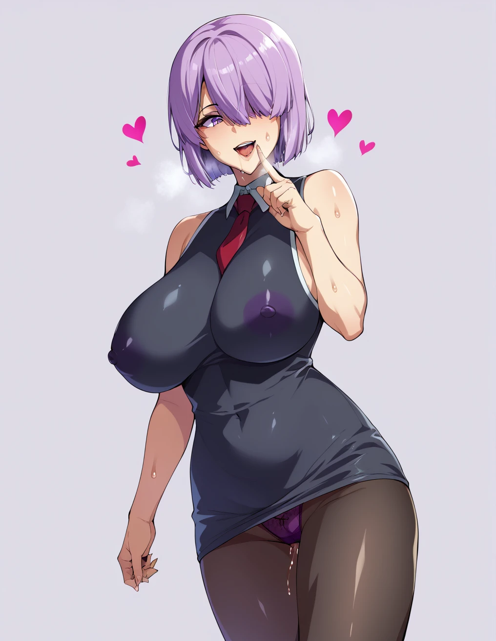 Ultra-detailed illustrations、Ultra-precise expression、masterpiece、Highest quality、ultra High resolution、High resolution、Hiromitsu Takeda Style、White background、Simple Background、One girl、solo、Mash Kyrielight、light purple hair,short hair,hair over one eyes、Black sleeveless dress, White collar、Red tie、Black Pantyhose、Purple panties、Brown short boots、Purple eyes、Vulgar expression、smile、Open your mouth、Large Breasts、Big Breasts、Choker of Hearts、White Breath、Sweat、Glowing Skin、shiny skin、Front angle、View your viewers、Place the index finger of one hand over your mouth、