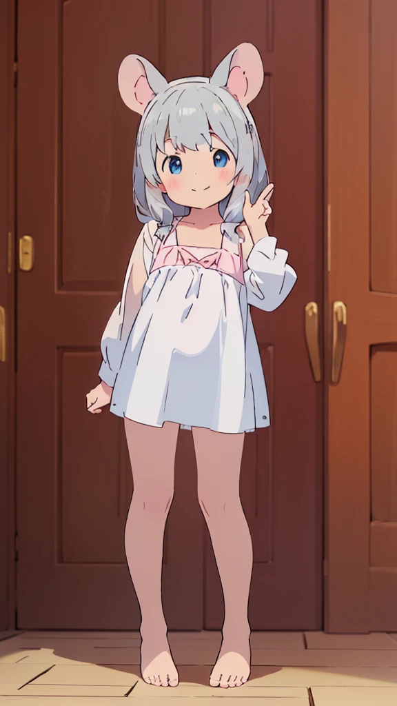((masterpiece))((Highest quality))Mouse Ears、girl、smile、blush、Flat Chest、Are thin、、low length、Gray Hair、blush、Are standing、Whole body image、Even your toes are visible、Eye level on face、front、No background、Mouse pose、真frontのアングル、
